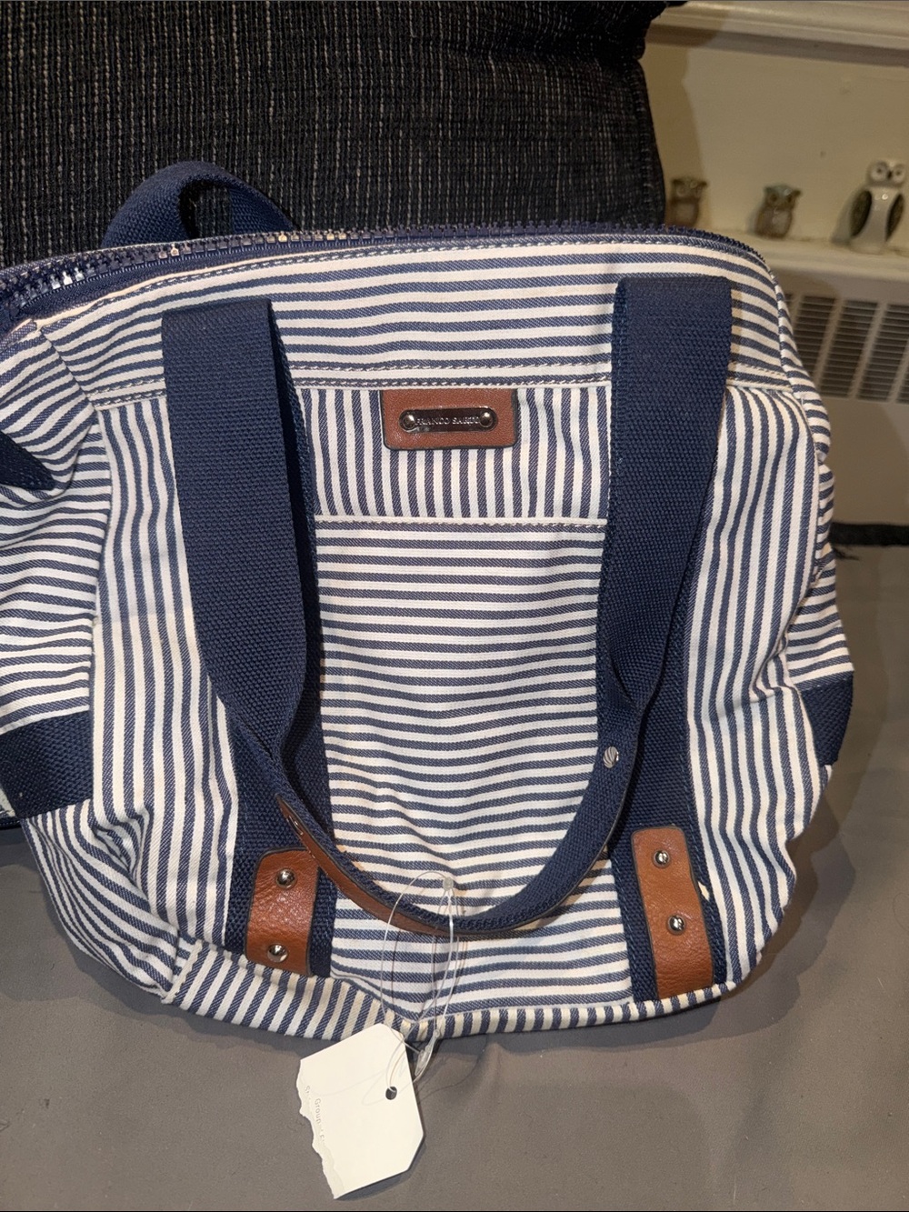 Franco Sarto Navy and White Striped Duffel with Brown Trim